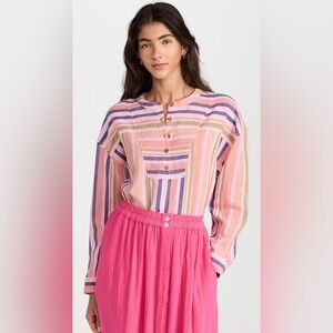 Xirena Pink Multi Stripe Cotton Linen Henley Blouse women's XS boho maximalist